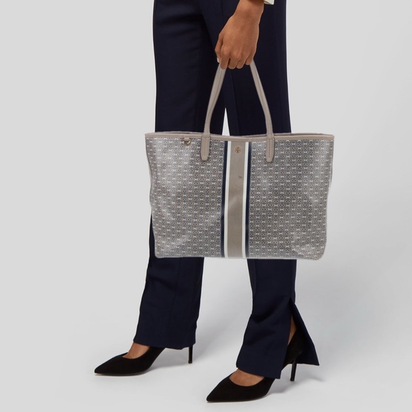 Tory Burch Gray Geometric Tote Bag Grey Leather Trim Purse Print Handles Pocket - Picture 2 of 13